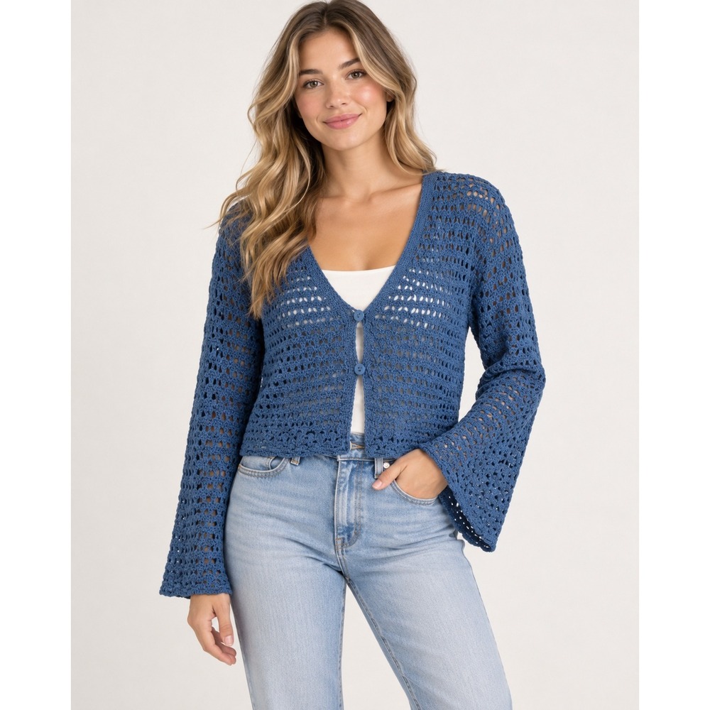 Love Ellie Cardigan Large Blue Open Knit Cropped Flared Sleeve Boho Mermaidcore